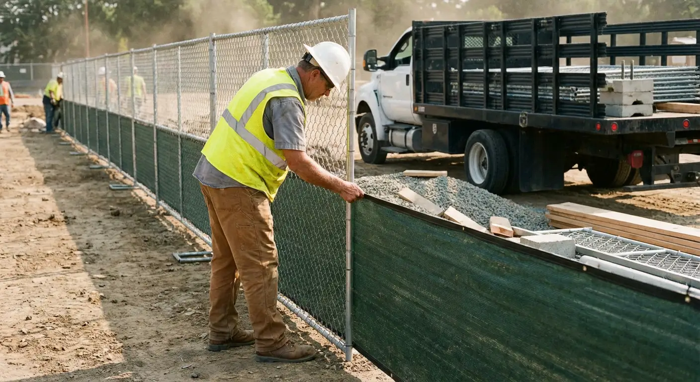 Privacy windscreen installation on construction fence in Lodi, CA