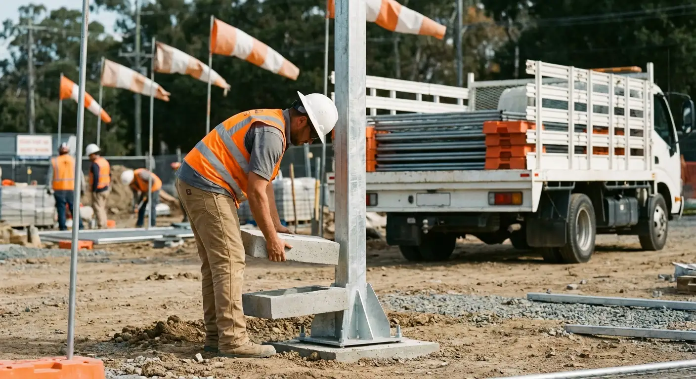 Temporary fence installation detail showing stable base configuration in Lodi, CA